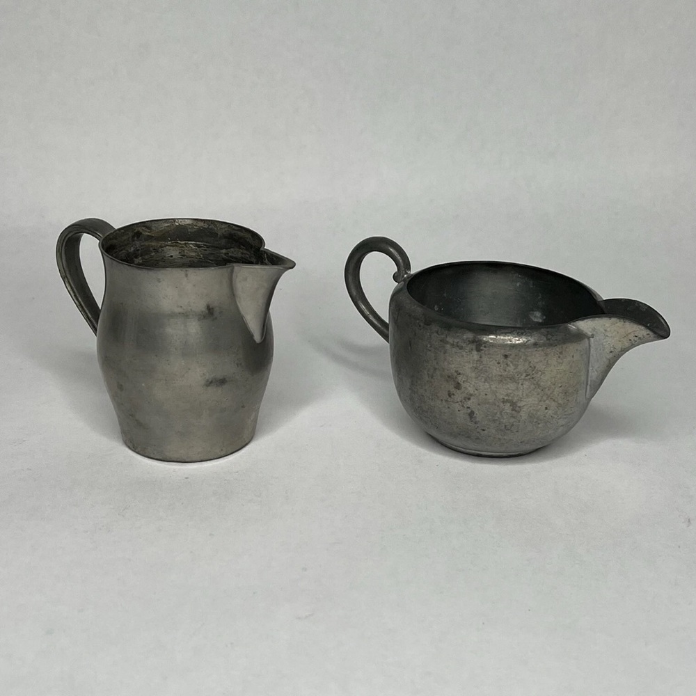 Early American Antique Vintage Lot of 2 Pewter Creamer Milk Holders 2" & 3"